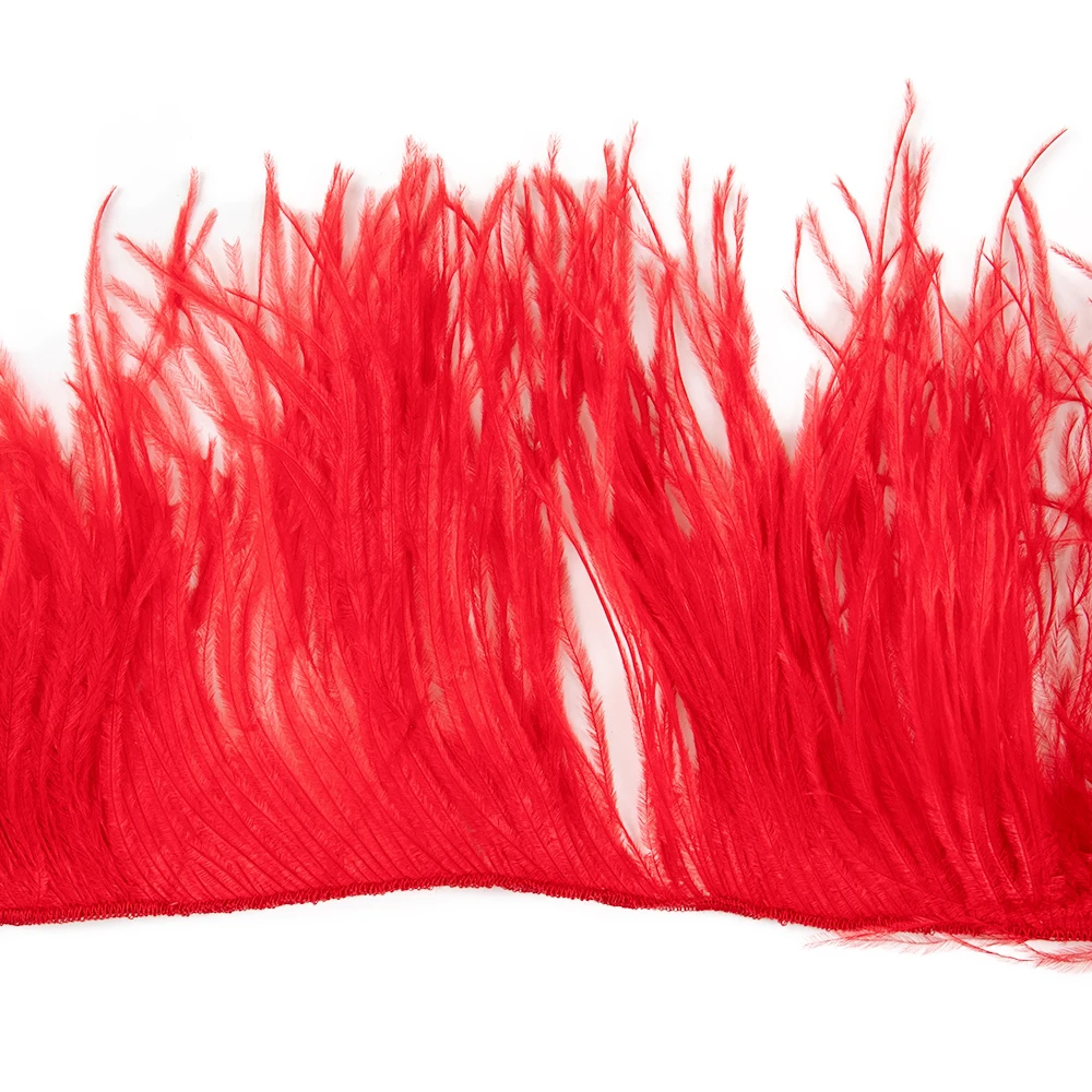 Frange de Plumes d'Autruche Rouge Cousue avec Fil, Garniture Longue, Décoration de Robe, Costumes, 1m, 10-15cm, 15-18cm, 18-22cm