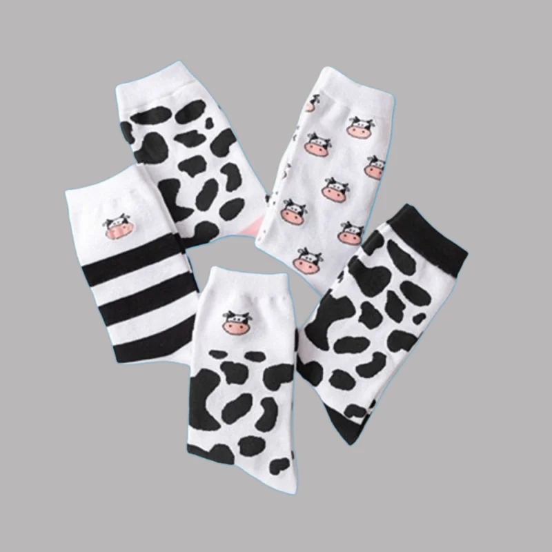 5/10 Pairs New High Quality Pure Color Cotton Socks Cow Pattern Spotted Socks Sweet Cartoon Women's Cotton Casual Socks