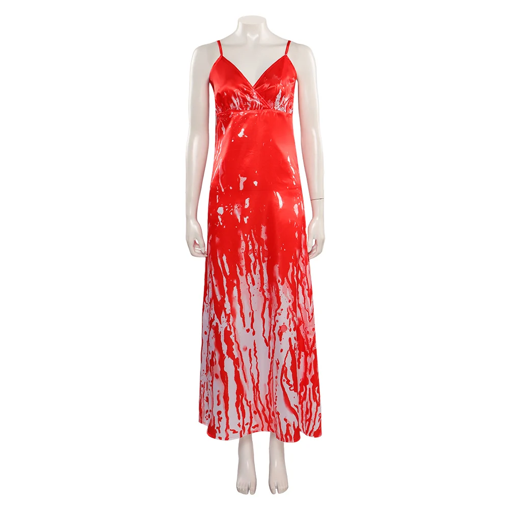 Carrie White Sexy Blood Red Slip Printed Dress Horror Movie Cosplay Costume Female Outfits Halloween Carnival Party Fantasy Suit