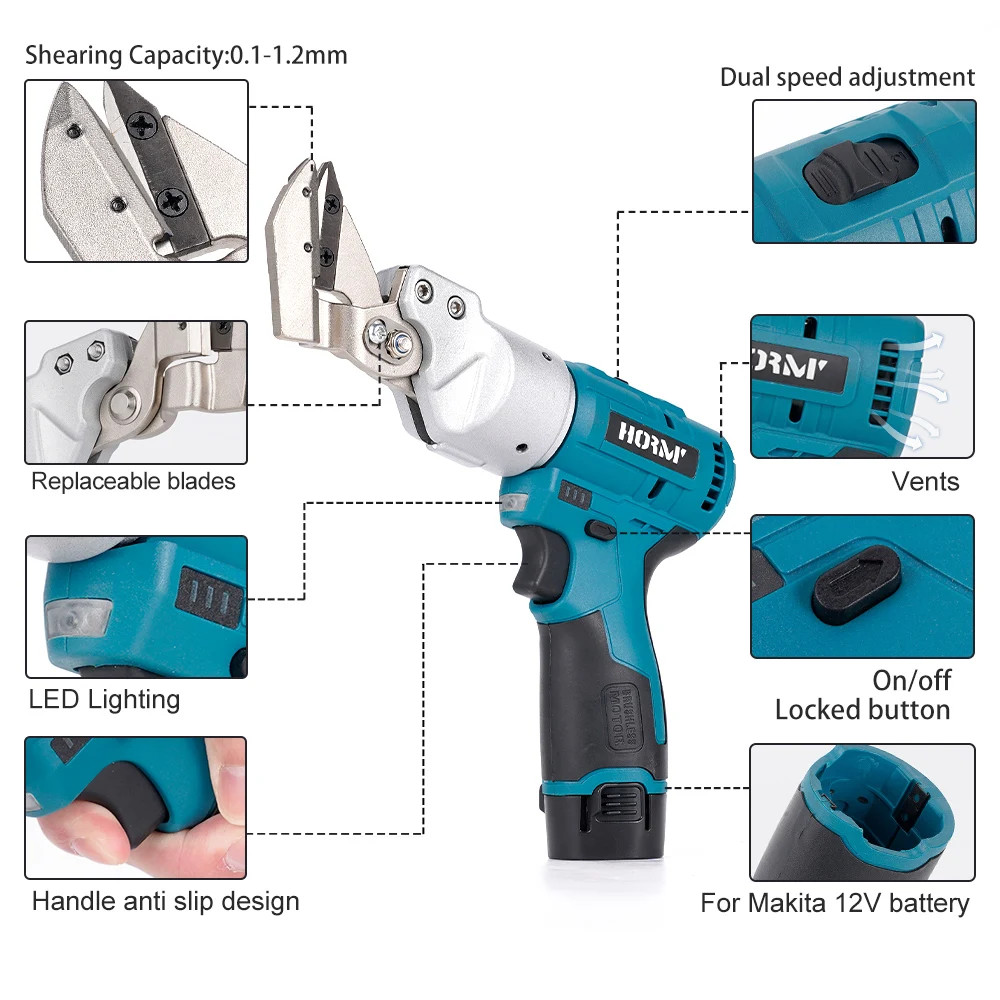 Cesoie elettriche per stagno a due velocità Hormy 12V, taglio da giardinaggio alimentato al litio, compatibili con batterie Makita