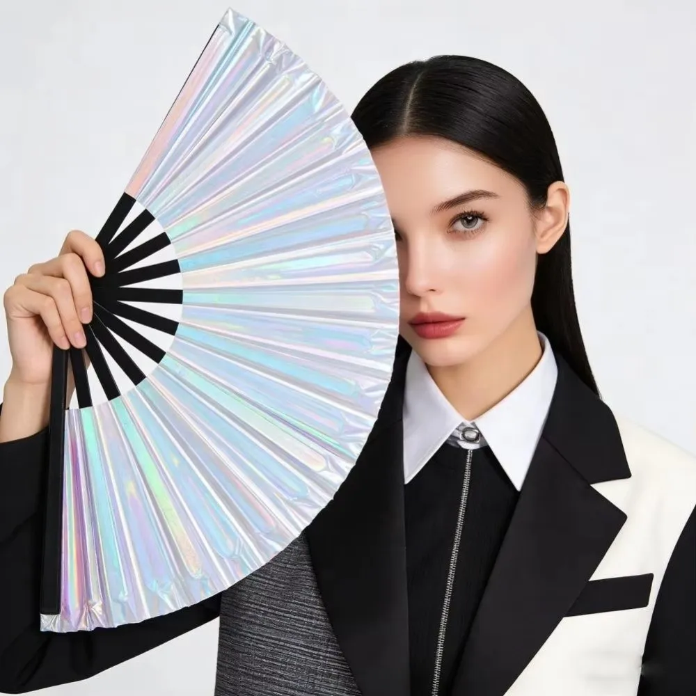 Holographic Effect Folding Fan Iridescent Finish Large Size Cooling Fan Party Decoration Stage Props Handheld Fan Summer