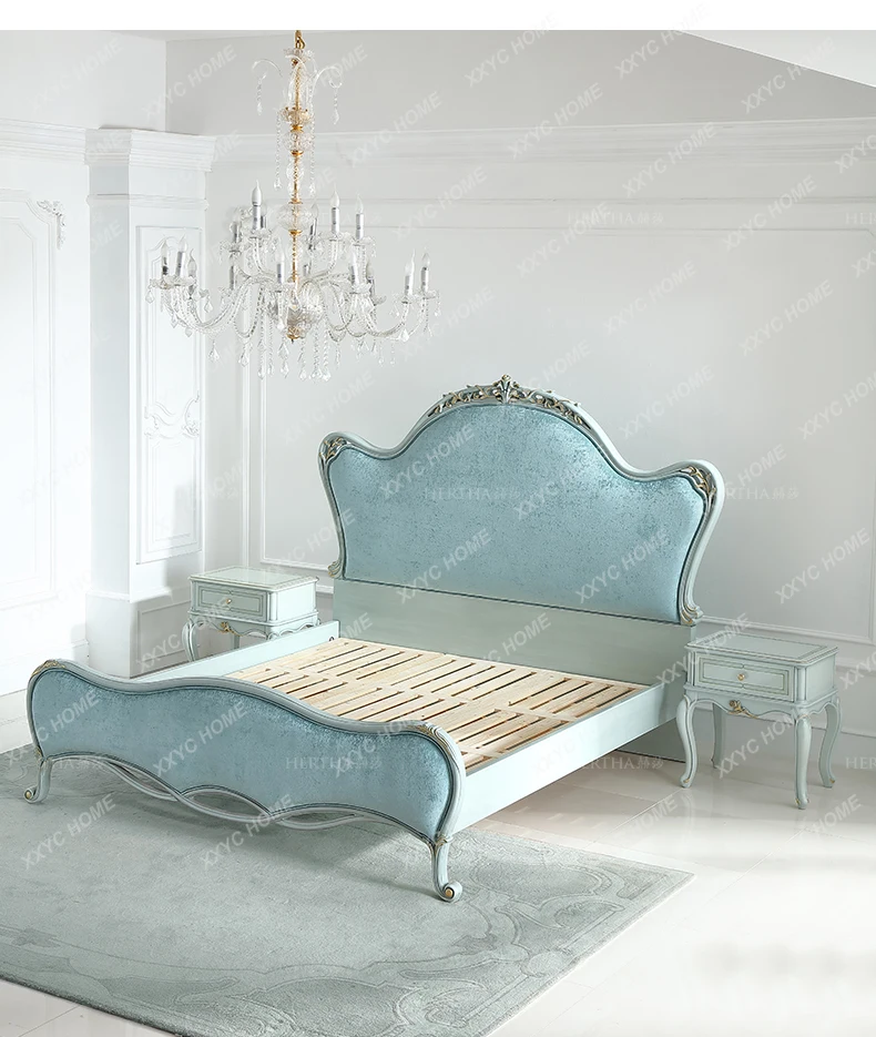 French Pastoral Style Romantic Fresh Simple European Solid Wood Fabric Princess Bed 1.8M Tiffany Blue