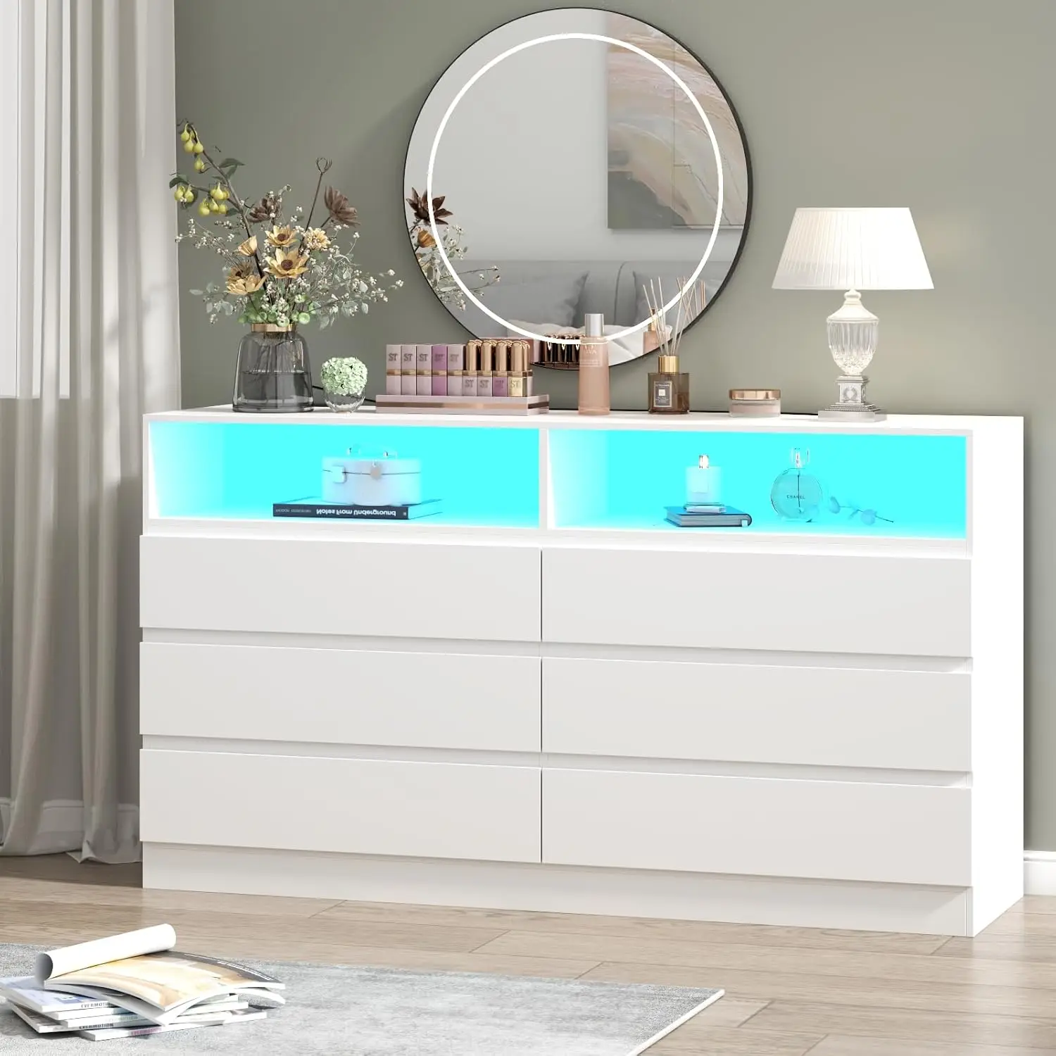 6 Drawer Double Dresser with Power Outlet, Accent Chests of Drawers with LED Light, Modern White Storage Dresser with Charging S