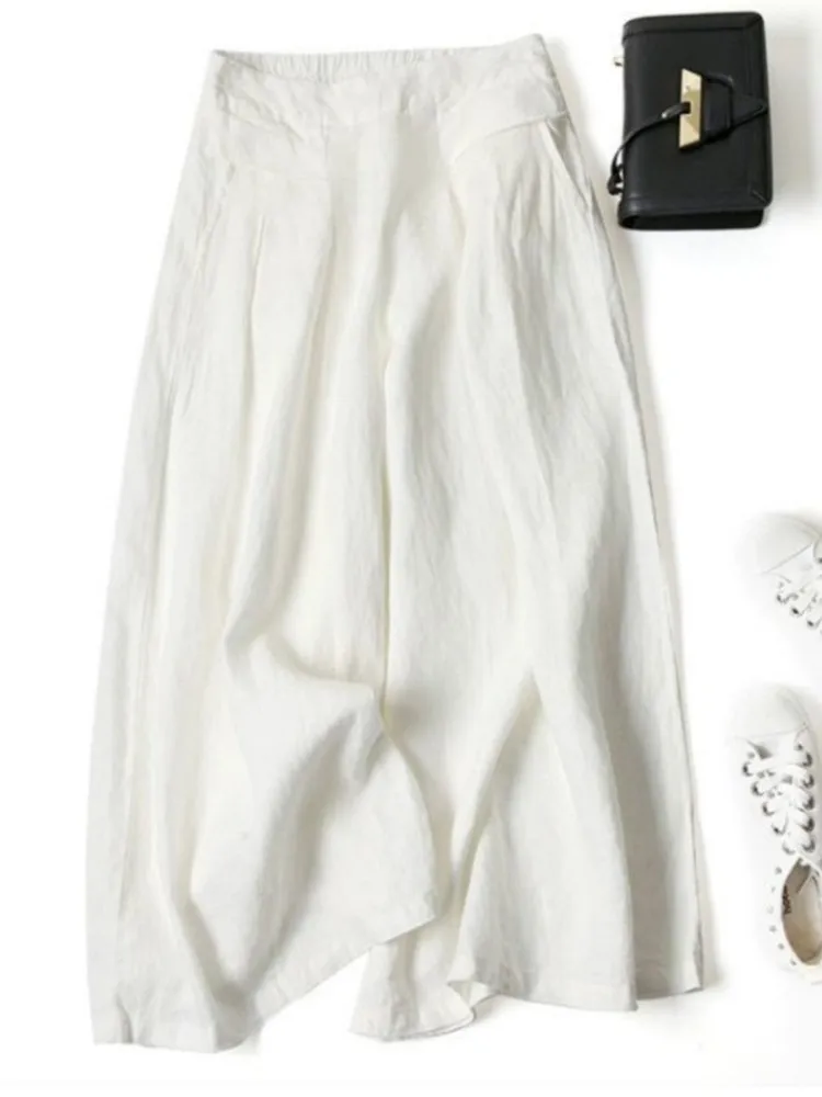 Y2K Lady Nine-point Pants Mid-rise Cotton Linen Wide-leg Large Size Trousers Loose Casual Commuting Daily Wear Tights Sweatpants