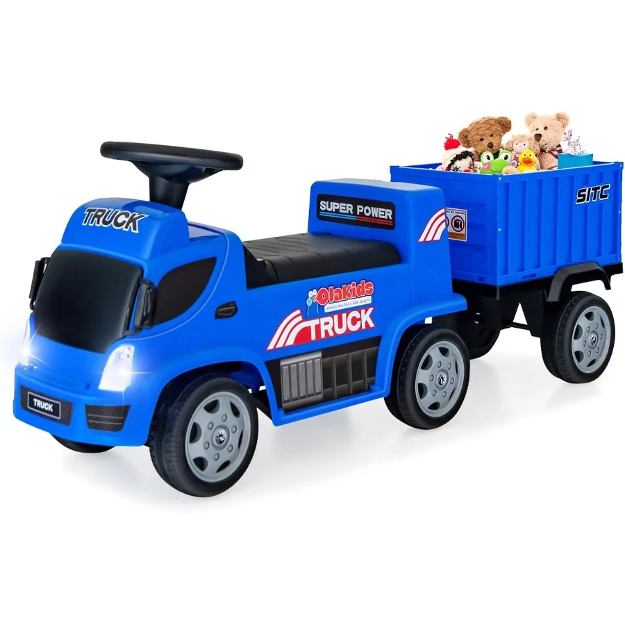 Ride On Push Car 2 en 1, camion coulissant pied au sol avec remorque détachable, phares de volant, alarme musicale, jouet sonore Wal