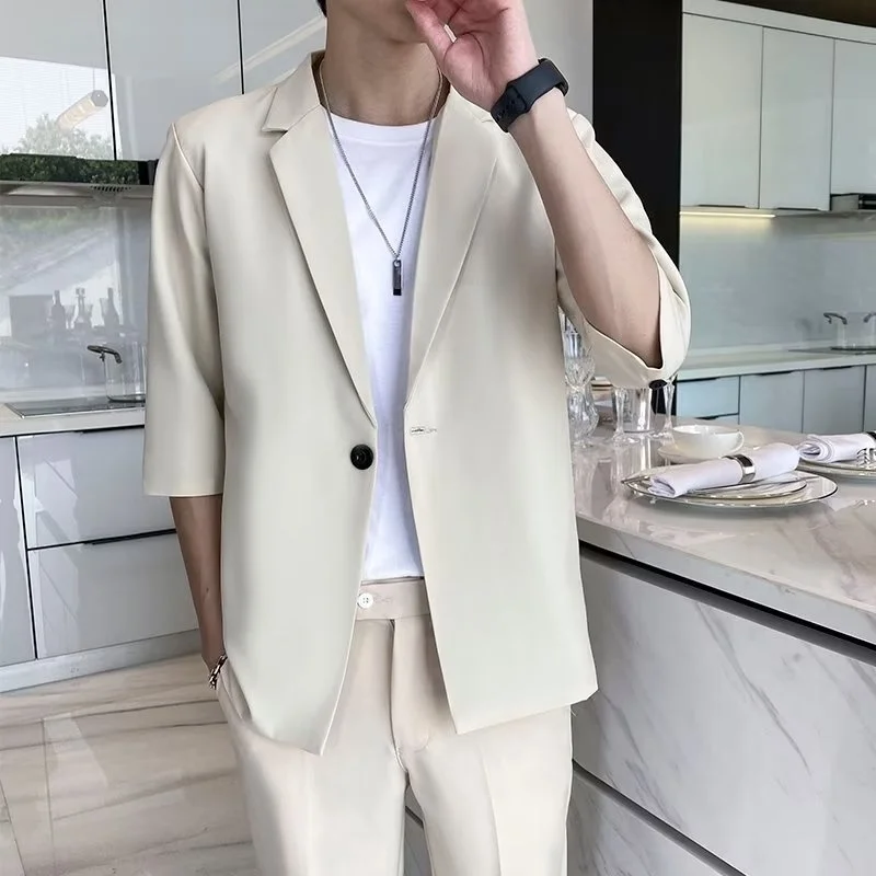 Summer Short Sleeve Blazer Men Slim Fit Fashion Social Mens Dress Jacket Korean Casual Suit Jacket Mens Office Formal Blazer