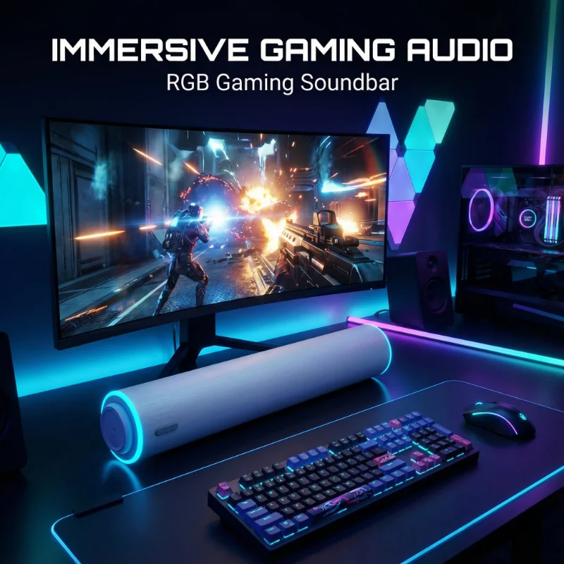 

Беспроводная Bluetooth 5.3 колонка HIFI Stereo USB с двумя динамиками, RGB-подсветкой, саундбар для компьютера/ноутбука, настольный сабвуфер с мощными басами