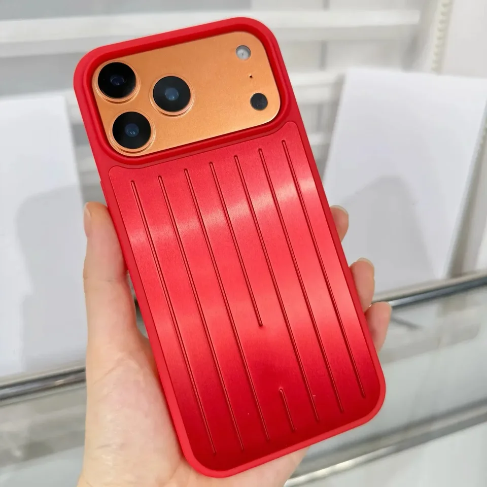 Funda para iPhone 17 Pro Max con patrón de rayas 3D electroplateado, aleación de aluminio a prueba de golpes con caja y logo 4
