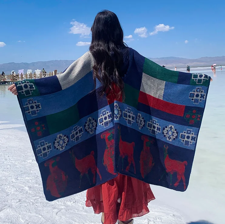 秋と冬のフェイクカシミヤポンチョエスニックスタイルラップ旅行特大居心地の良いスカーフ厚く暖かいアウターケープP2