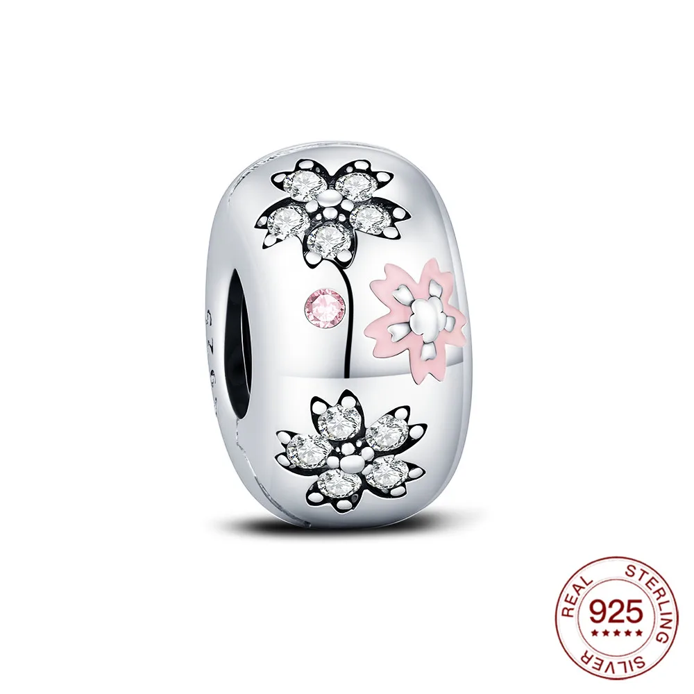 925 Sterling Silber Rosa Kirschblüten-Charms Naturanhänger Passend für Original-Armbänder DIY Schmuckherstellung für Frauen Geschenke