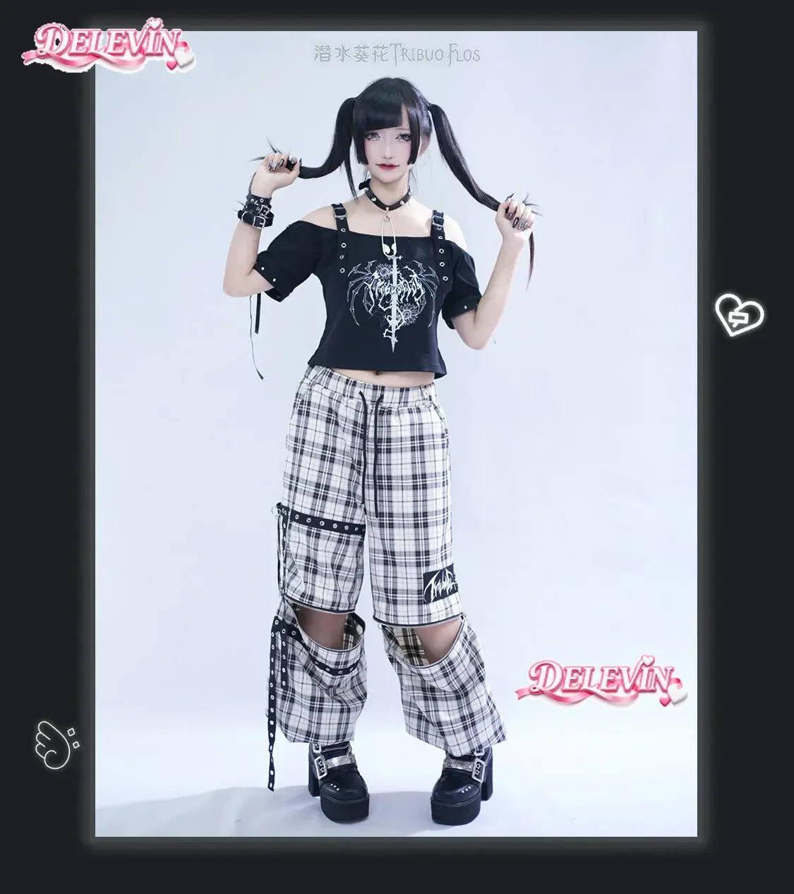Japanese Subculture Y2k Printed Short-sleeved T-shirt Sweet Cool Loose Off-the-shoulder Tshirt Top Loose Casual Plaid Long Pants