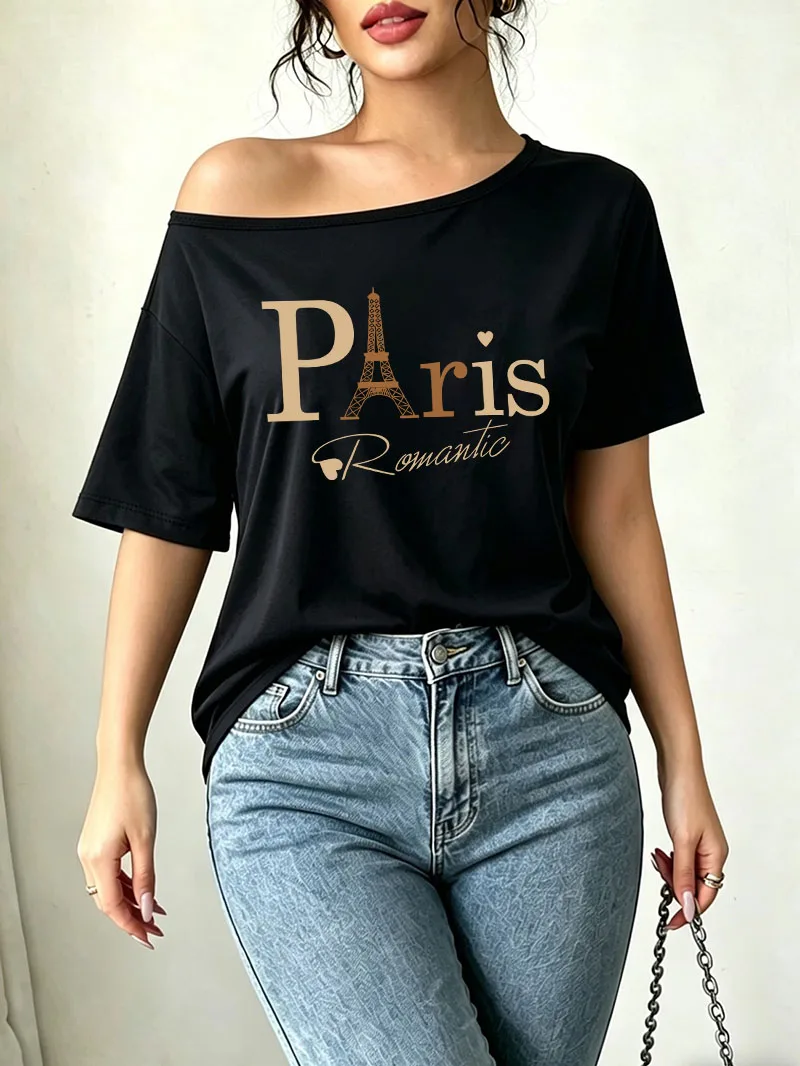 Aesthetic Paris Letter Print T-shirt Off Shoulder Graphic Tee Streetwear Gothic T Shirt Summer Spring Women's Clothing