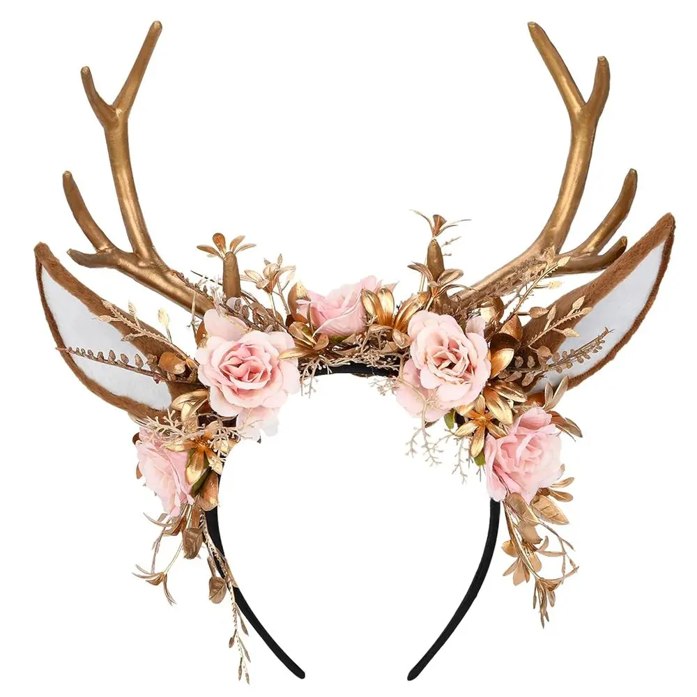 

Handcrafted Gold Floral Antler Headband with Deer Ears for Women and Girls - Woodland Fairy Hairband for Renaissance, Halloween,