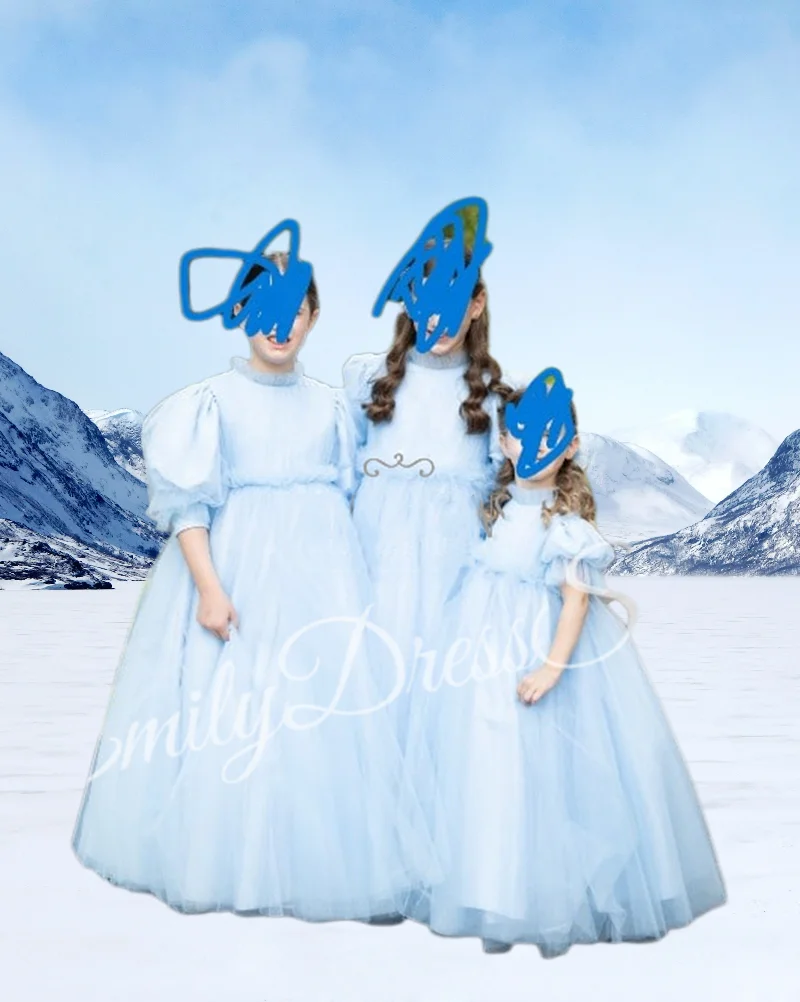 

Customized Blue Tulle Flower Girl Dress For Wedding High Waist Half Sleeves Kids Birthday Party First Communion Pageant Gown