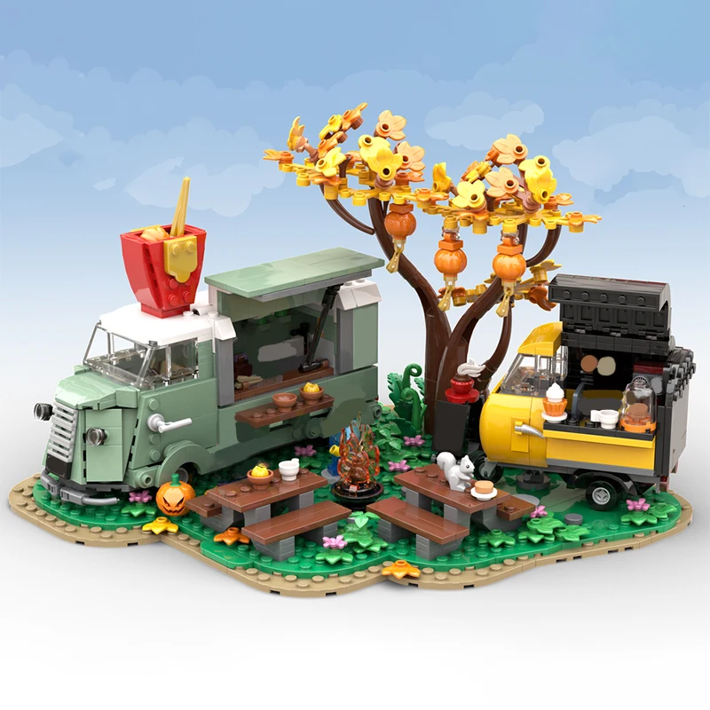 1009pcs MOC Vintage Foodtruck Festival Architecture Building Blocks Model Assembly Toys Children Festival Gifts