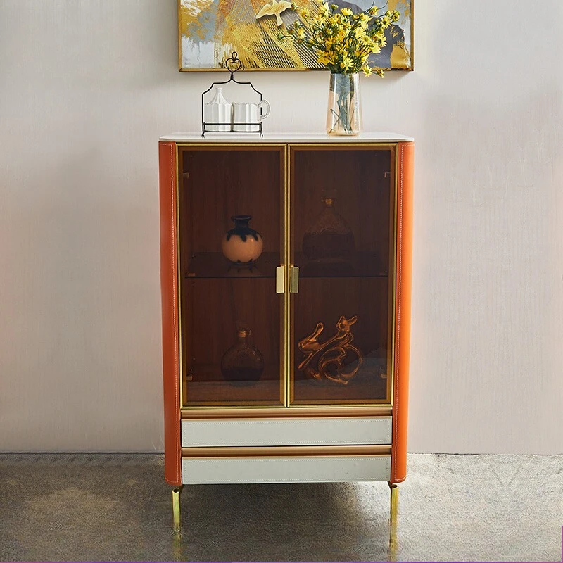 

Modern simple high-end saddle leather low wine cabinet Modern living room small apartment storage glass display cabinet