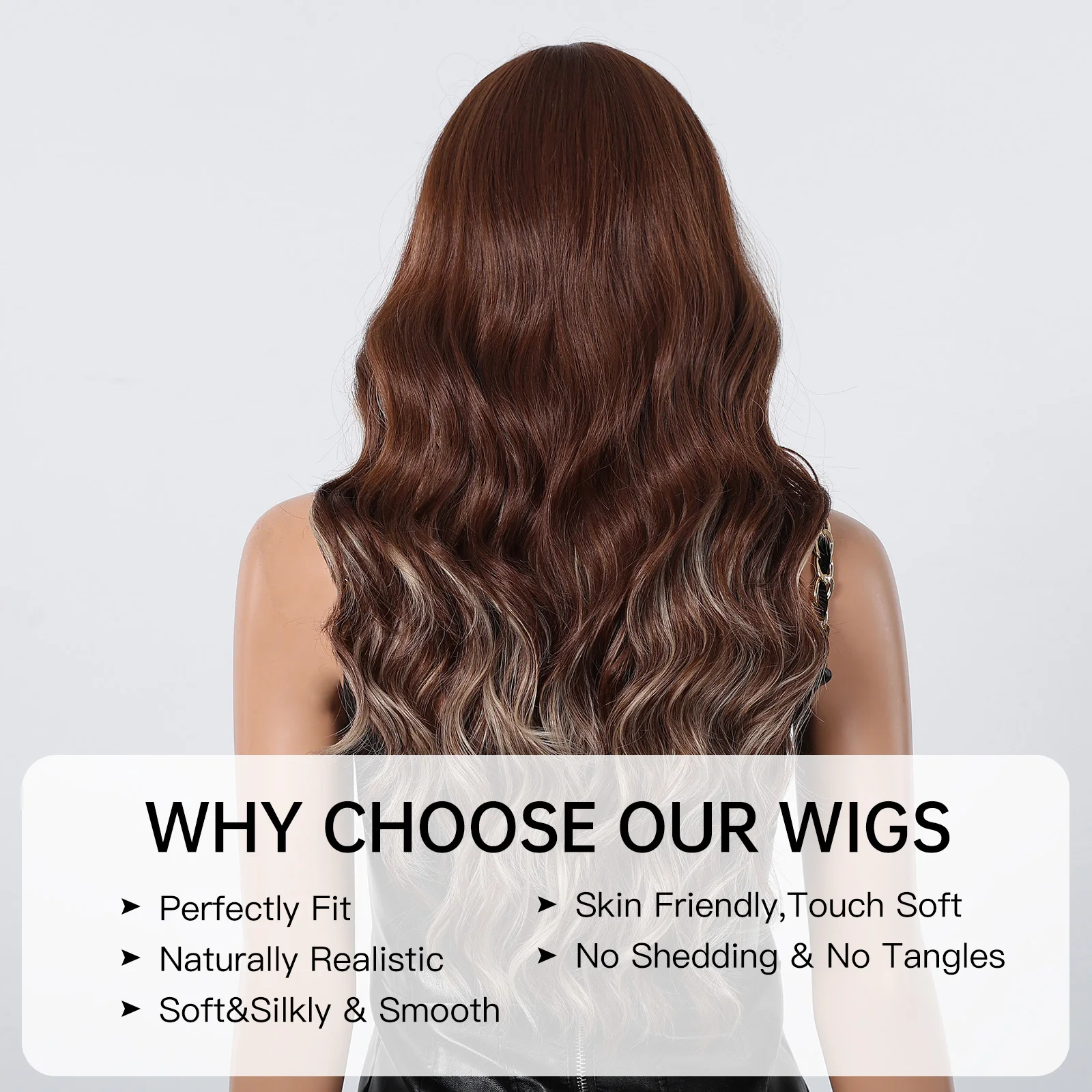 شعر مستعار طويل بني طبيعي كبير مموج مع غرة أشقر يسلط الضوء على شعر مستعار مموج للنساء شعر مستعار اصطناعي يومي بدرجة حرارة عالية #2