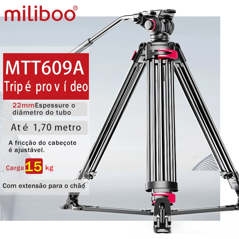Miliboo MTT609A Bola de cabeça hidráulica profissional resistente DSLR/tripé de câmera/suporte/suporte/suporte para carga de vídeo 15 kg máx.
