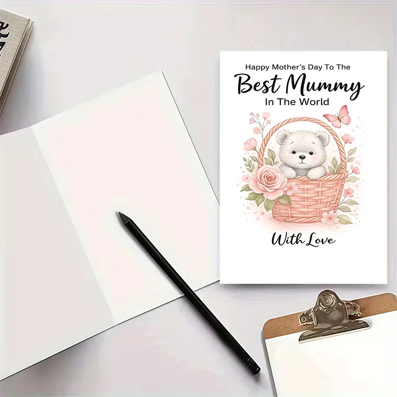The flower arrangement design in the cute bear basket of "The World's Best Mom" is a Mother's Day card for mothers.