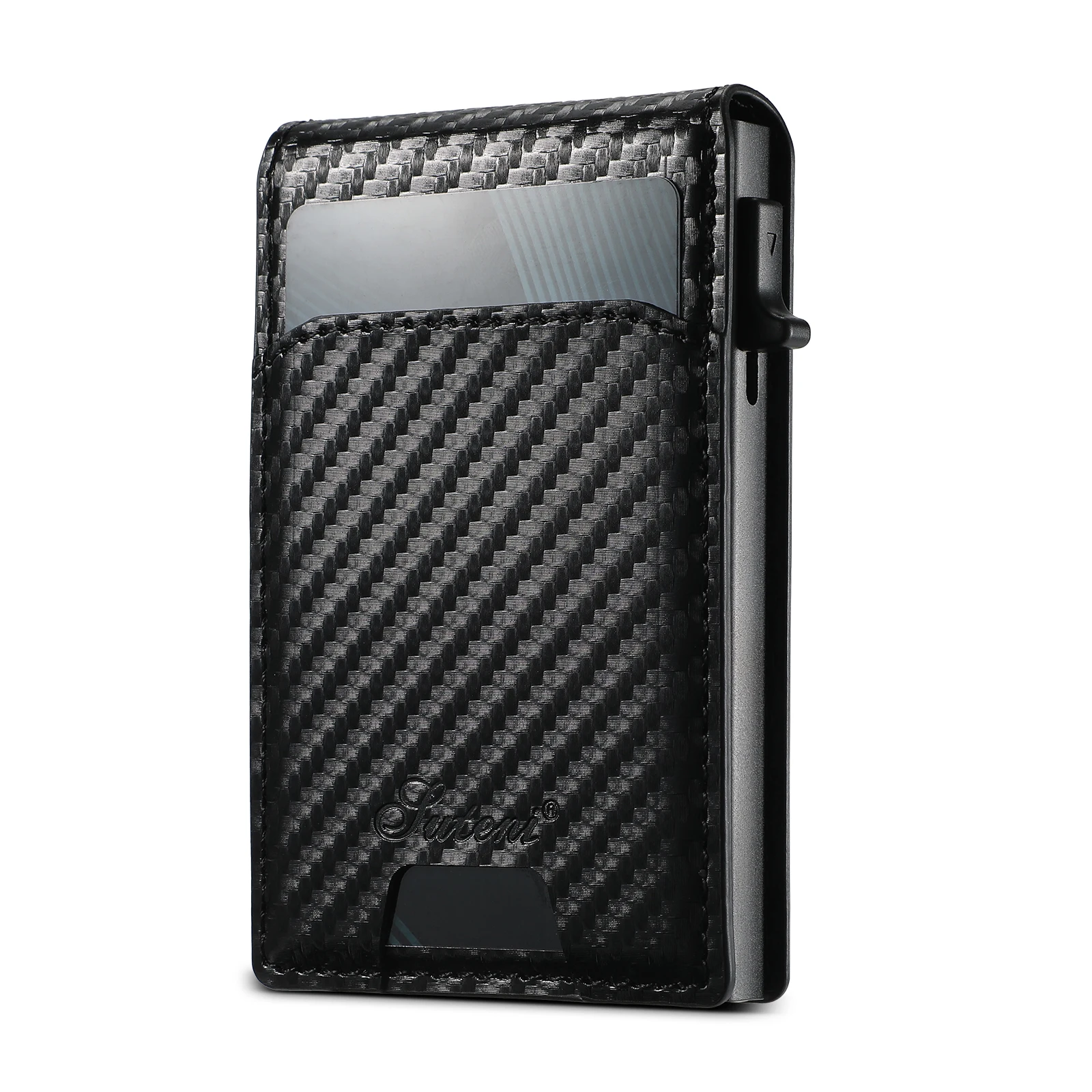 Carbon Fiber Leather Side Push Card Holder for Men Multi Card Slots Photo ID Window Push Out Card Daily Use Pocket Size Purse