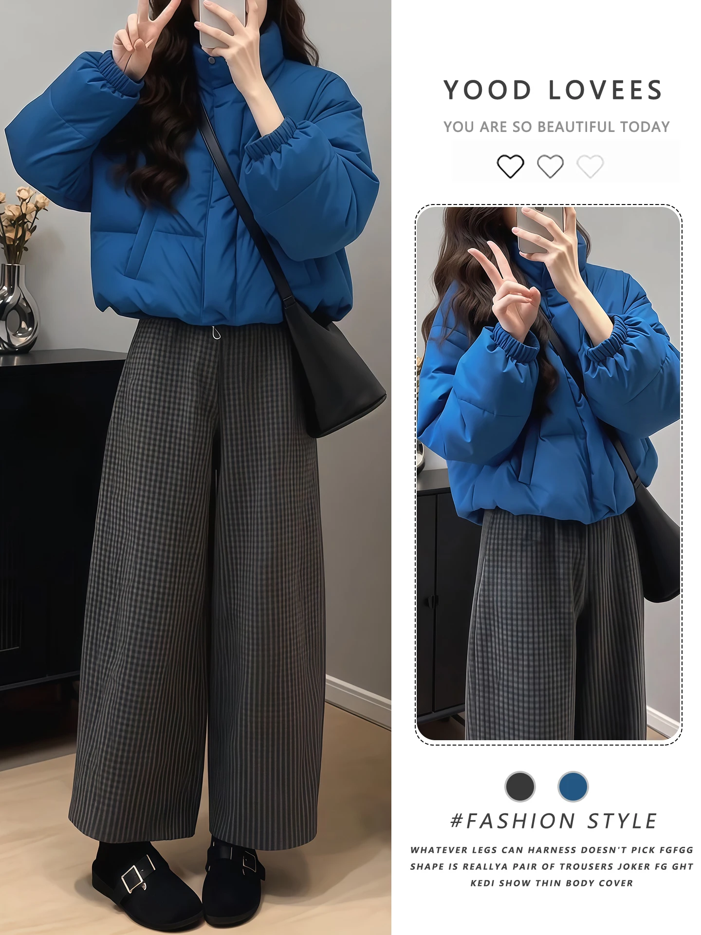 

Klein Blue Plaid High Waist Wide Leg Pants Set Women's Fashion Autumn Winter Two Piece Suit Luxury Sensation Small Fragrance ...