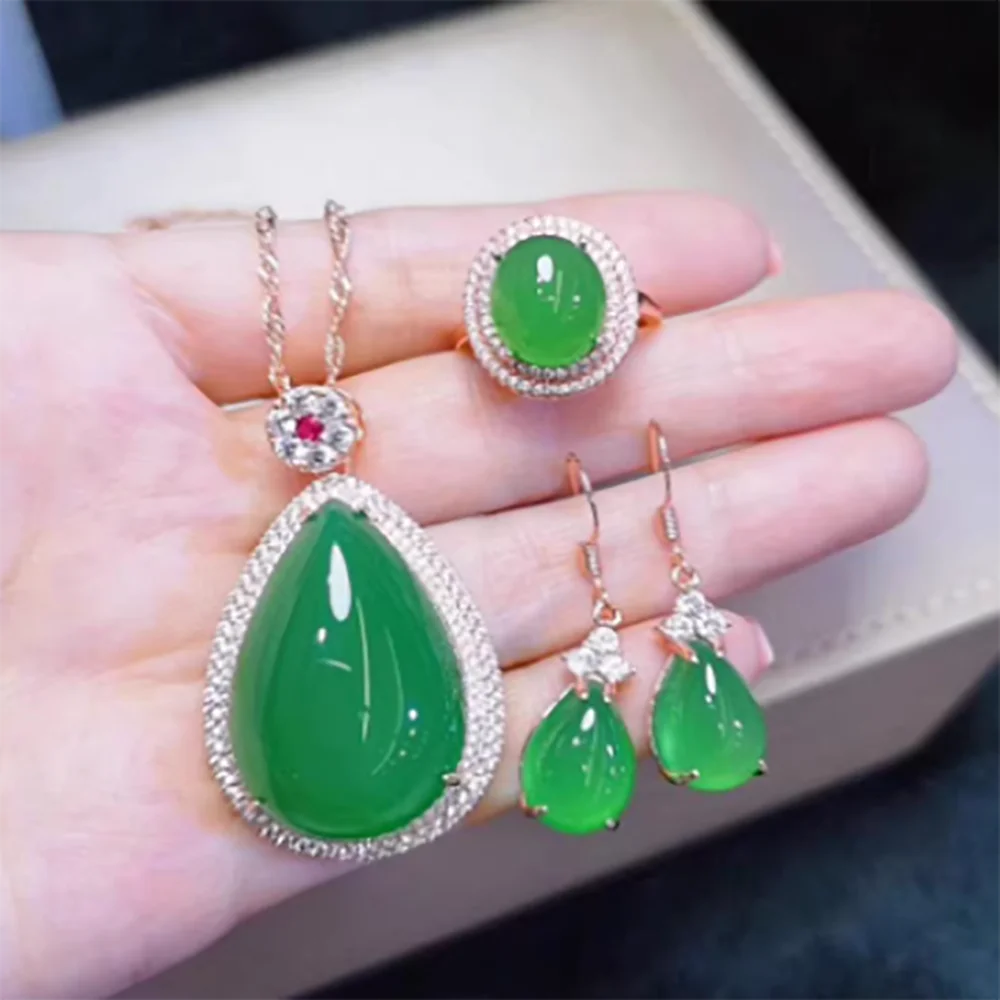 Trendy Jade Marrow 925 Silver Inlaid Authentic Emperor Green Luxury Women's Necklace Pendant Ring Set