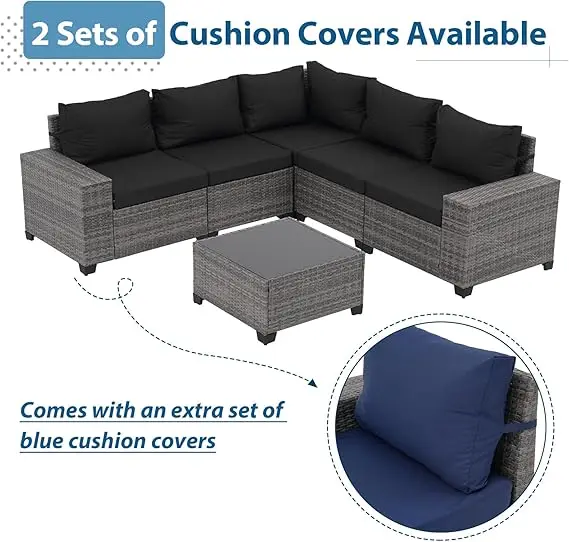 6 Piece Outdoor Patio Furniture Set - Wicker Sofa with Coffee Table, Powder-Coated Frame & Handwoven PE Rattan