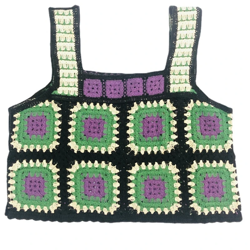 Femmes Boho Sans Manches Récolte pour Débardeur Vintage Crochet Tricoté Contraste Couleur Carré À Carreaux Mini Pull Gilet Cami