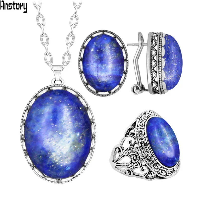 Vintage Oval Lapis Lazuli Jewelry Sets Natural Stone Tiger Eye Quartz Necklace Earrings Ring Fashion Set