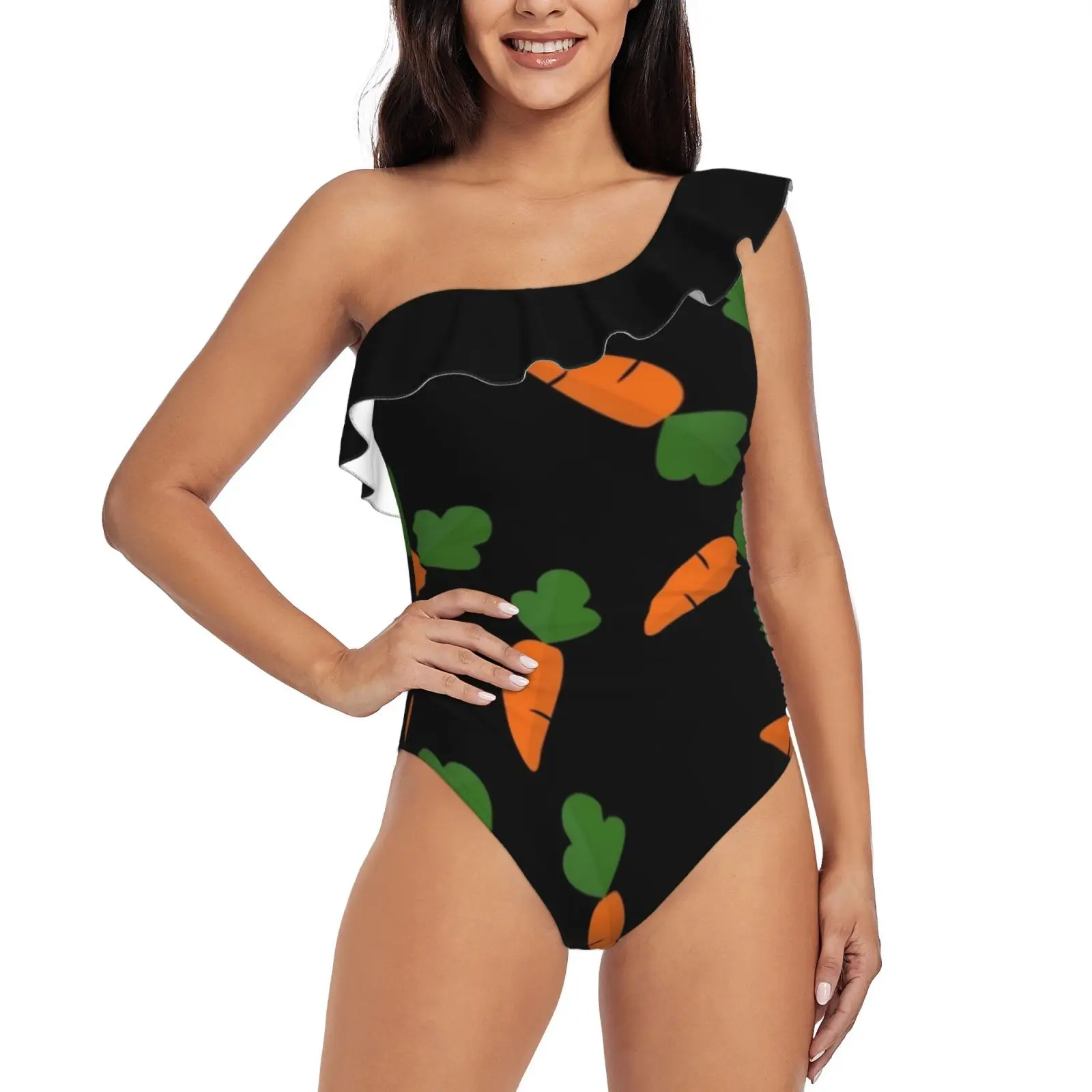 

Carrot Pattern One-Piece Swimsuit One Shoulder Ruffle Swimsuit Sexy Monokini New Girl Beach Swimwear Carrot Vegetables Food