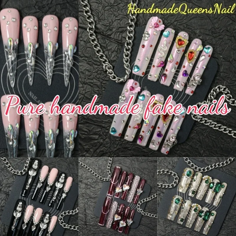 

10 Pieces of Hand-made Press-on False Nails, Super Long Ballet-shaped Teardrop-shaped, Various Styles of Nail Art Sets,nail Gems