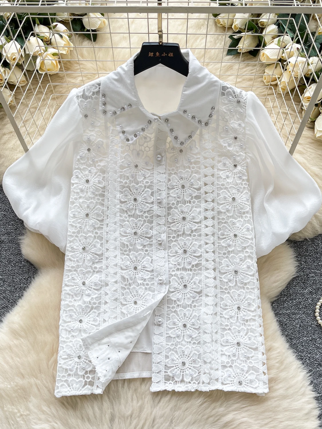 Csa e de manga de burbuja de encaje adornada para mujer, Top e y versátil de lujo de verano, estilo coreano,...