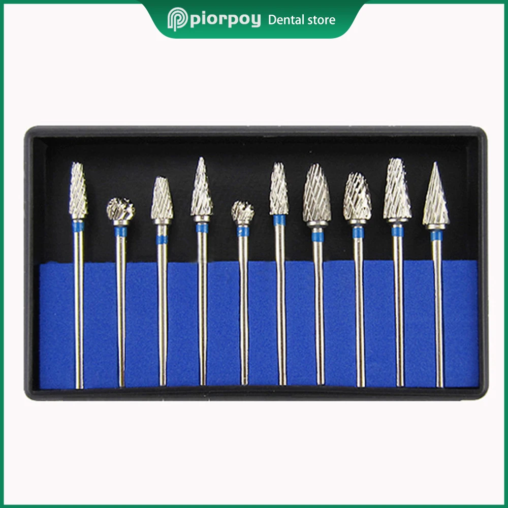 PIORPOY 10 Pcs/Box Dental Lab Polishing Burs Drill Tungsten Steel Carbide HP Low Speed Bur 2.35MM Dentistry Teeth Grinding Head