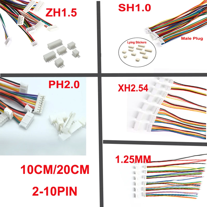 10 zestawów męskich żeńskich 1,0 1,25 1,5 2,0 2,54 SH/JST/ZH/PH/XH złącze wtykowe z przewodem 100 MM/200 MM 2/3/4/5/6/7/8/9/10Pin