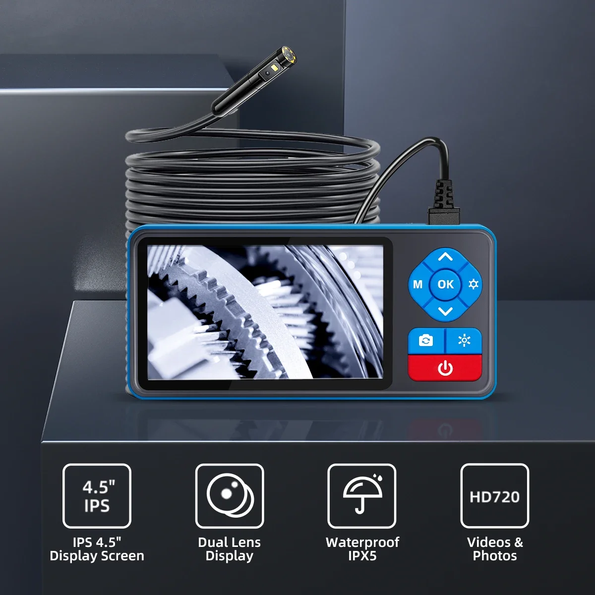 

Hot Sale Waterproof Pipeline Camera 8mm, Snake Pipe Industrial Endoscope Camera, Micro Camera 4.5-inch Display, 2500mAh Lithium