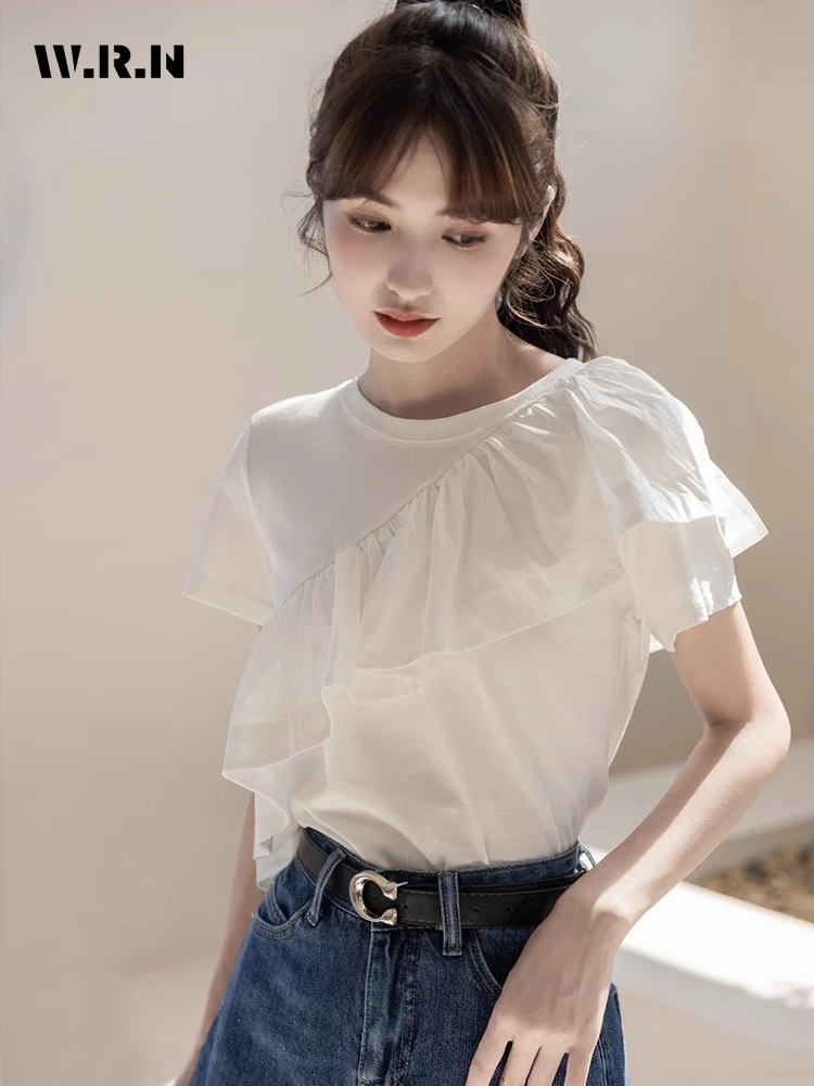 

Korean Casual Solid Color Short Sleeve Round Neck T-Shirts 2024 Summer Women's Fashion Slim Fit Tierred Sweet Basics Tees Tops