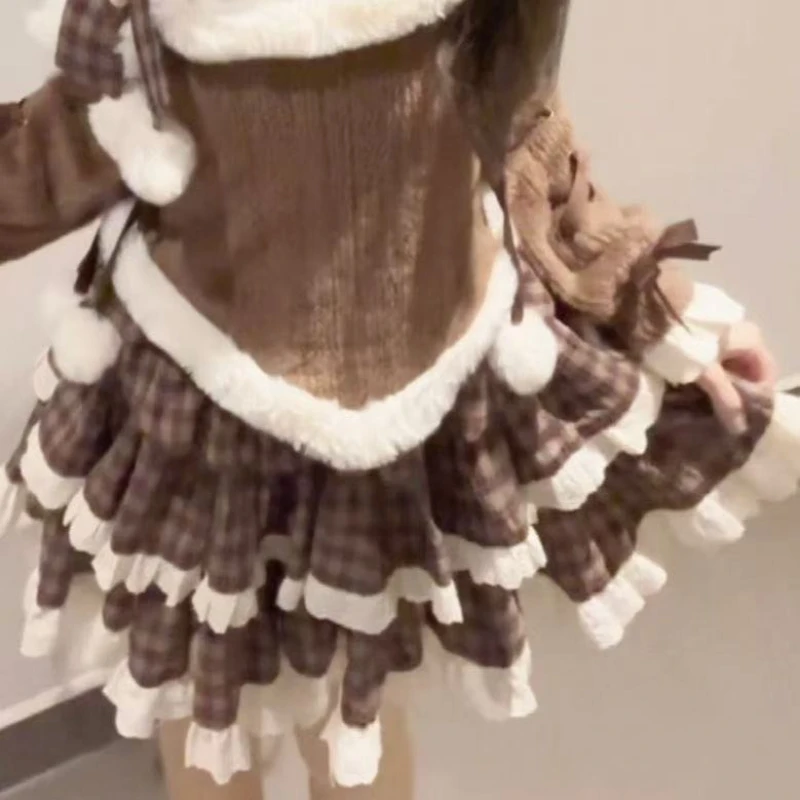 Japanese Sweet Autumn Winter Sets Women Kawaii Knitted Top + Cake Short Skirt Suit Harajuku Bow Cute Warm 2-piece Set 2025 New