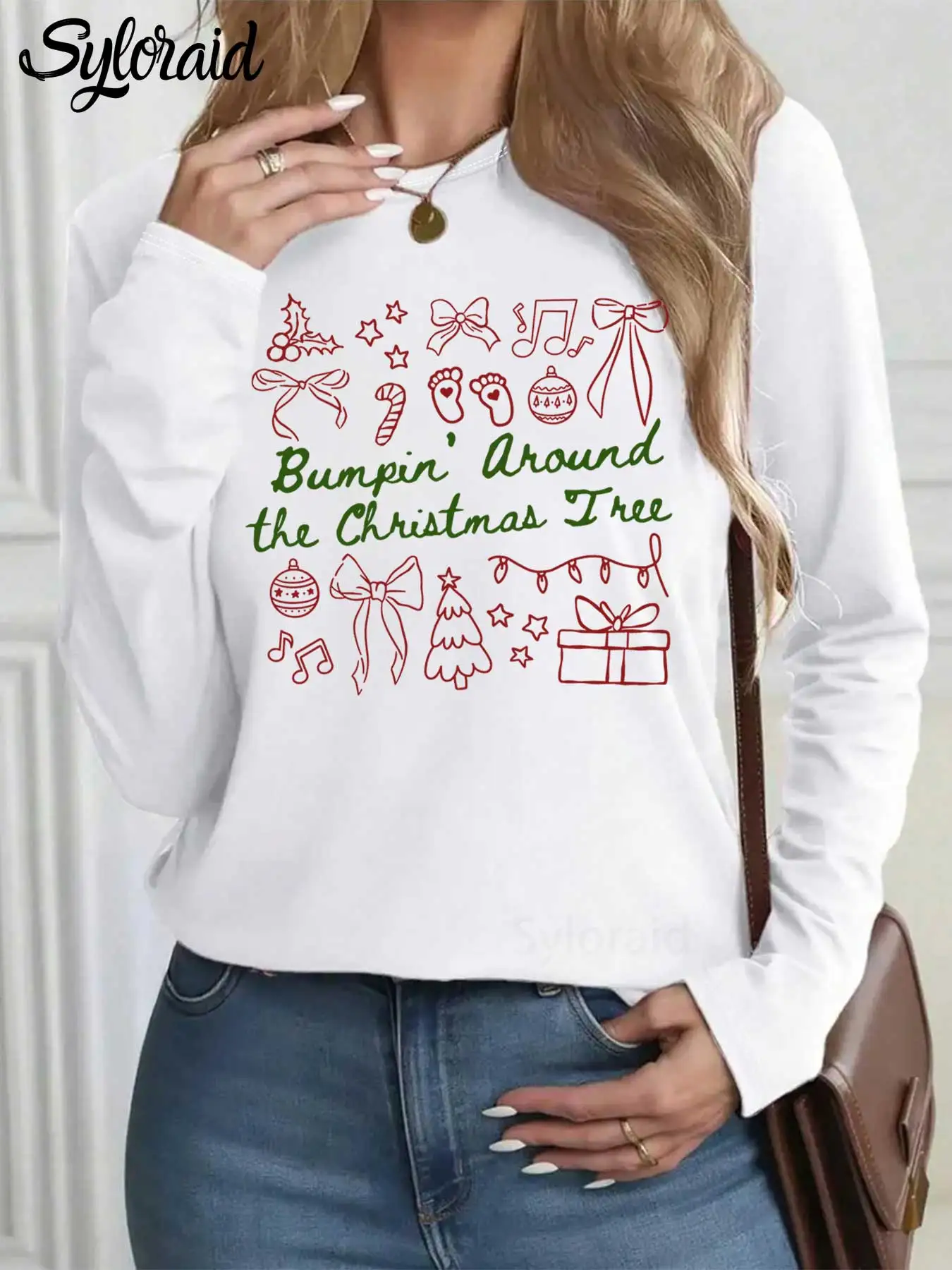 女性の長袖 T シャツ クリスマス妊娠発表プリント T シャツ 面白いホリデーシャツ ファッション ラウンドネック カジュアルトップ