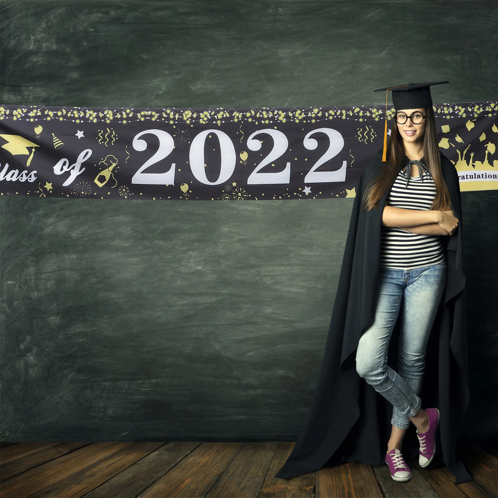 

Graduation Banner 2022 Decorations Black Polyester Durable Photo Backdrop Congratulations Signs For Party Studio Use