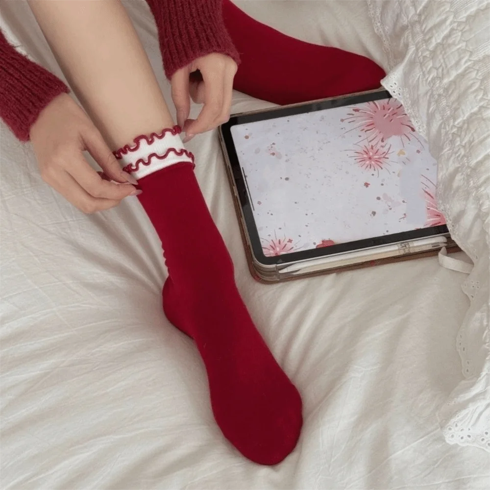 Festive Red Color Sweet Girl Socks Cotton Comfortable Bow Socks Soft Double Layer Stacking Socks Holiday