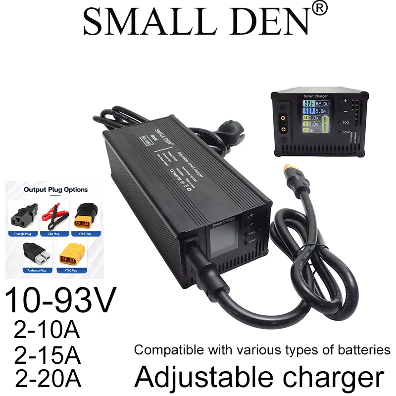 

10-93V Adjustable Lithium Battery Charger 42V 60V 72V Built-in Coling Fan Fast Charger for 16S 20S E-bike Lithium Li-ion Battery