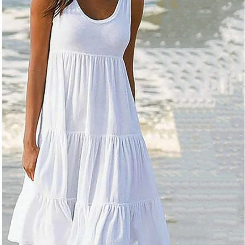Vestido casual de mujer bohemio sin mangas con escote redondo y volantes, color liso, estilo playero, holgado y suelto, talla plus para mujer 3029 2
