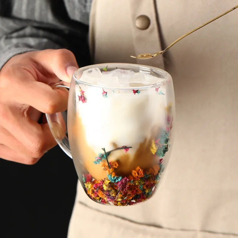 350ml Double Wall Glass Coffee Mug with Handles Clear Milk Cups Gifts Glass Cup Fill Artificial Simulation Flowers Teacup Gift
