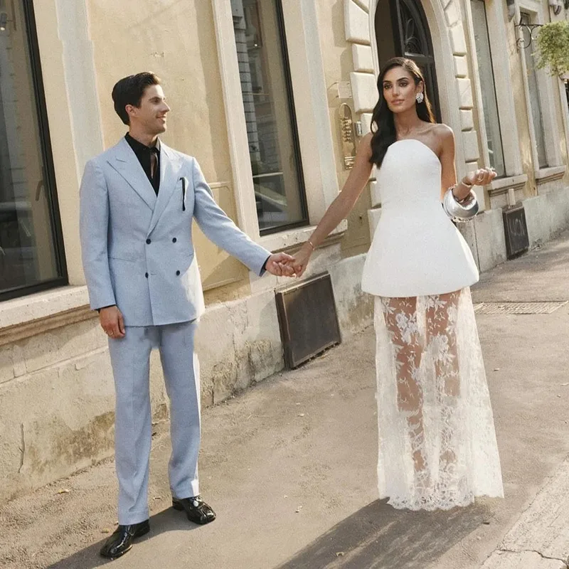 Simple mancha A-Line vestido de novia de encaje moderno sin tirantes sin mangas elegante Vestidos de novia sin espalda para mujeres Vestidos personalizados