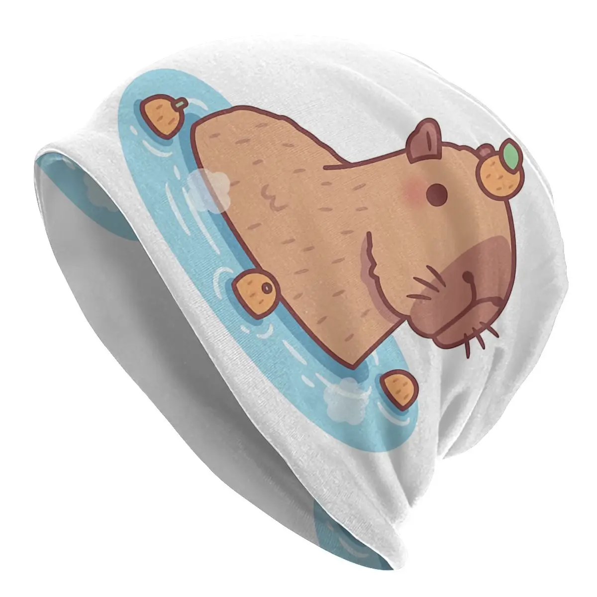 Cute Capybara With Orange On Head Chilling In Hot Spring Autumn Female Thin Beanies Casual Unisex Skullies Bonnet Hats