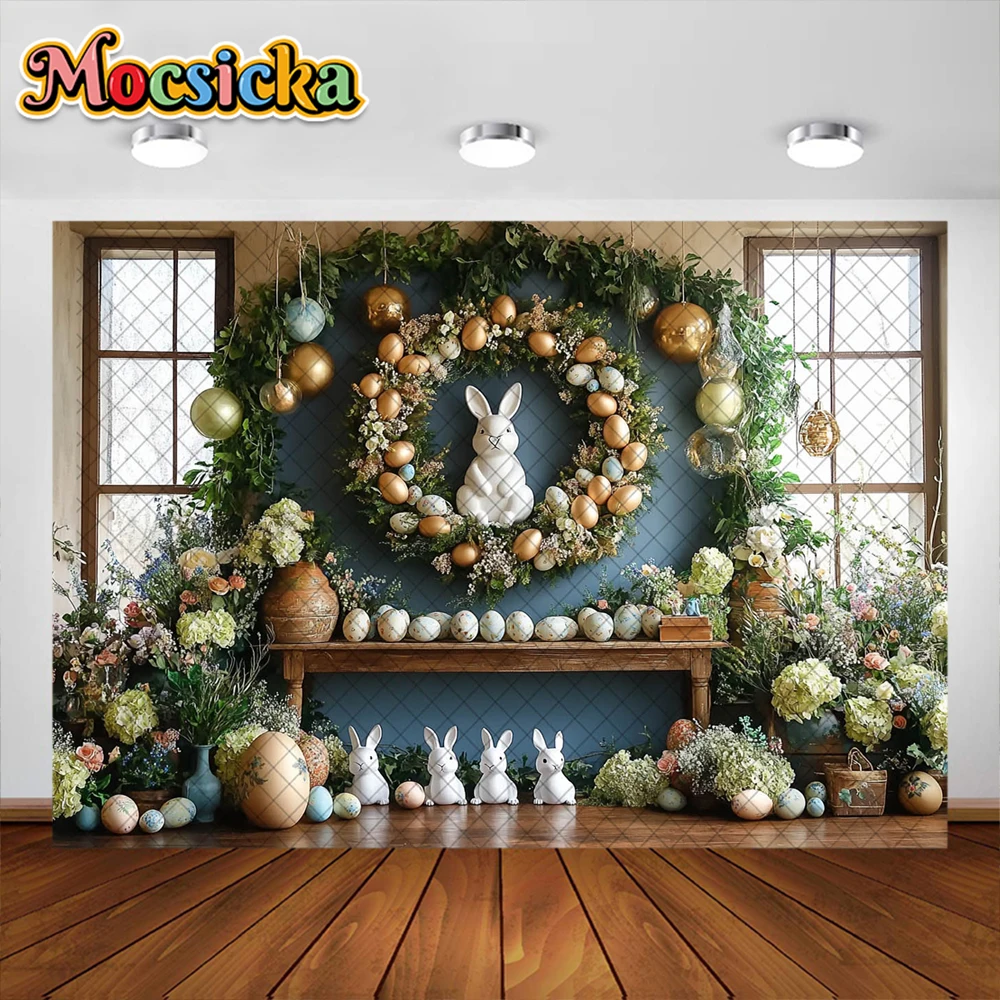 Fondo de fotografía de Pascua de primavera, guirnalda de conejito bonito, decoración de huevos, retrato de vacaciones para Baby Shower, accesorios de estudio