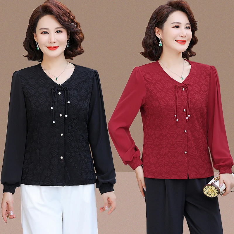 

Woman Spring Autumn Style Blouses Shirts Lady Casual Long Sleeve V-Neck Solid Color jacquard Patchwork Blusas Tops