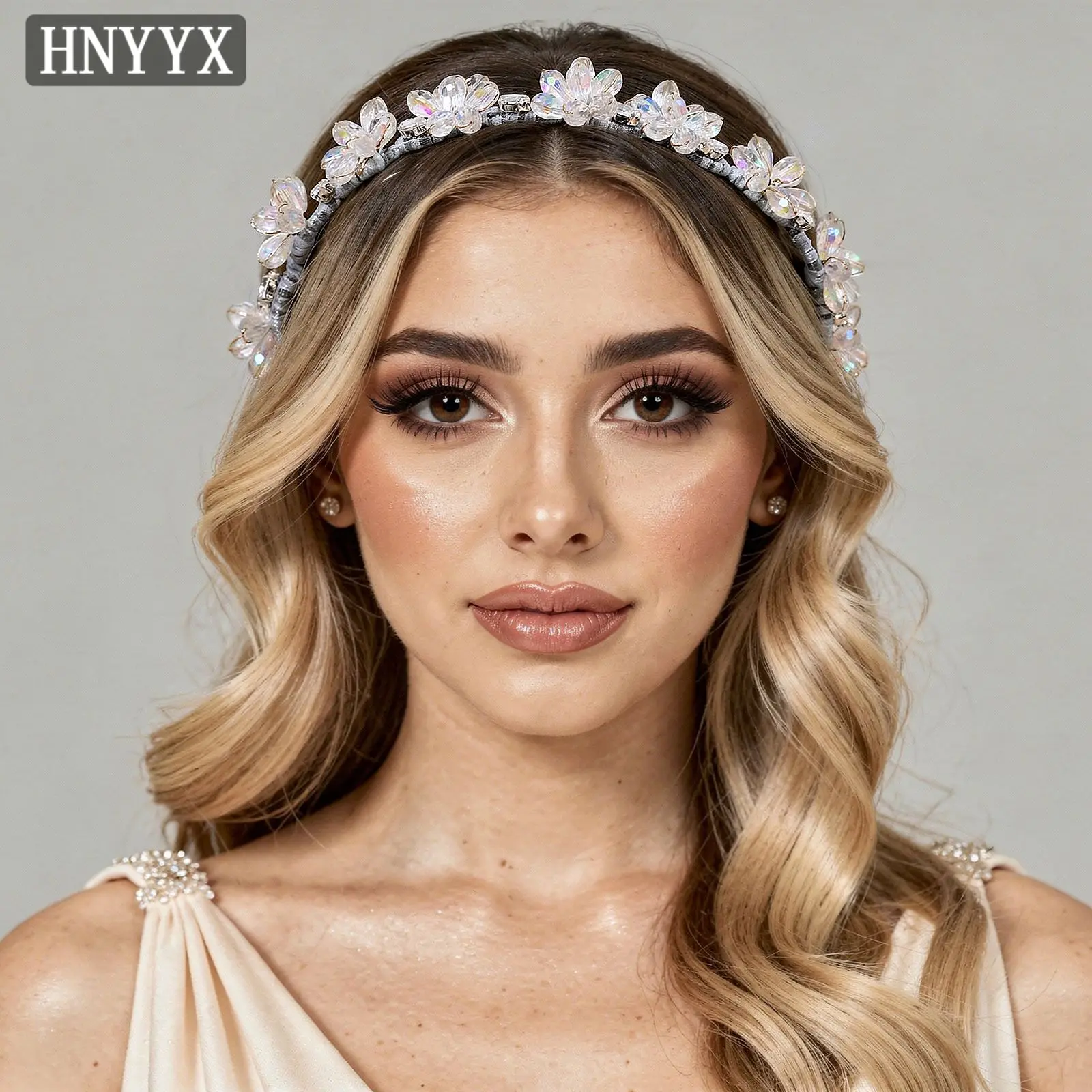 

HNYYX Sparkly Clear Crystal Flower Teeth Headband Handmade Hair Hoop for Women Wedding Bridal Party Hair Accessories A400