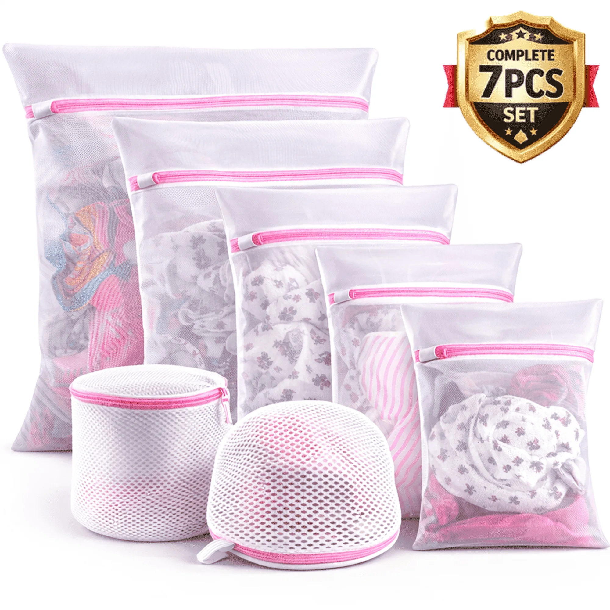 7 Pack Multi-Size Mesh Laundry Wash Bags for Delicates, Polyester Laundry Bags with Smooth Zipper & Zipper Cover, Protective Washing Pouches for Bras, Lingerie and Underwear