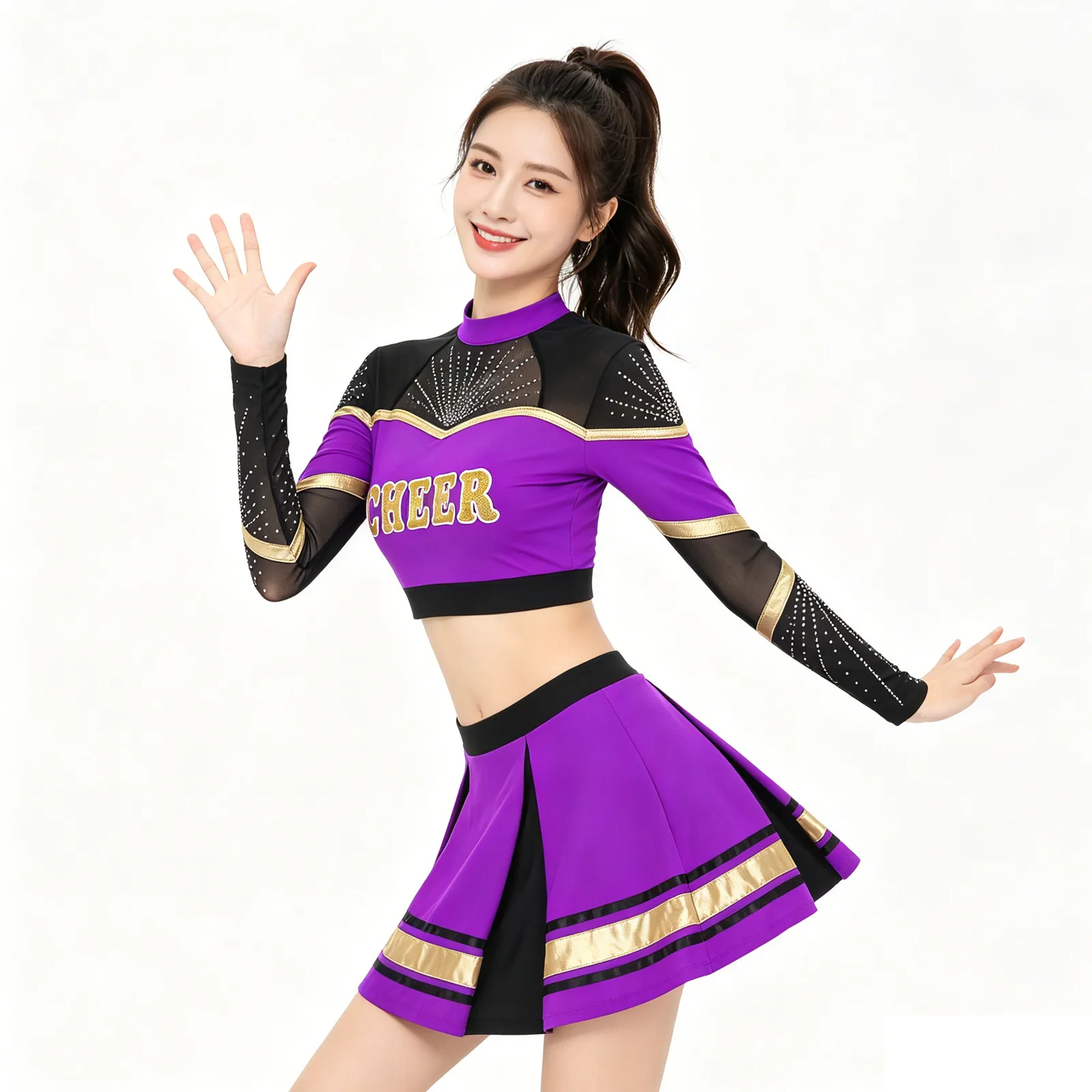 2Pcs Women Cheerleading Costume Cheerleader Dance Outfits Long Sleeve Sequins Crop Top with Pleated Skirt Set Cheer Uniform